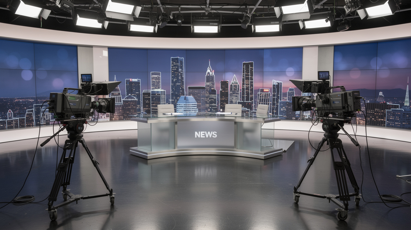Wide view of a lit news studio anchor desk with cameras