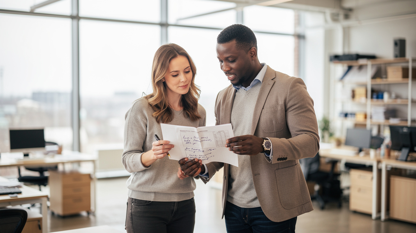 Two colleagues discussing a script printout in an office