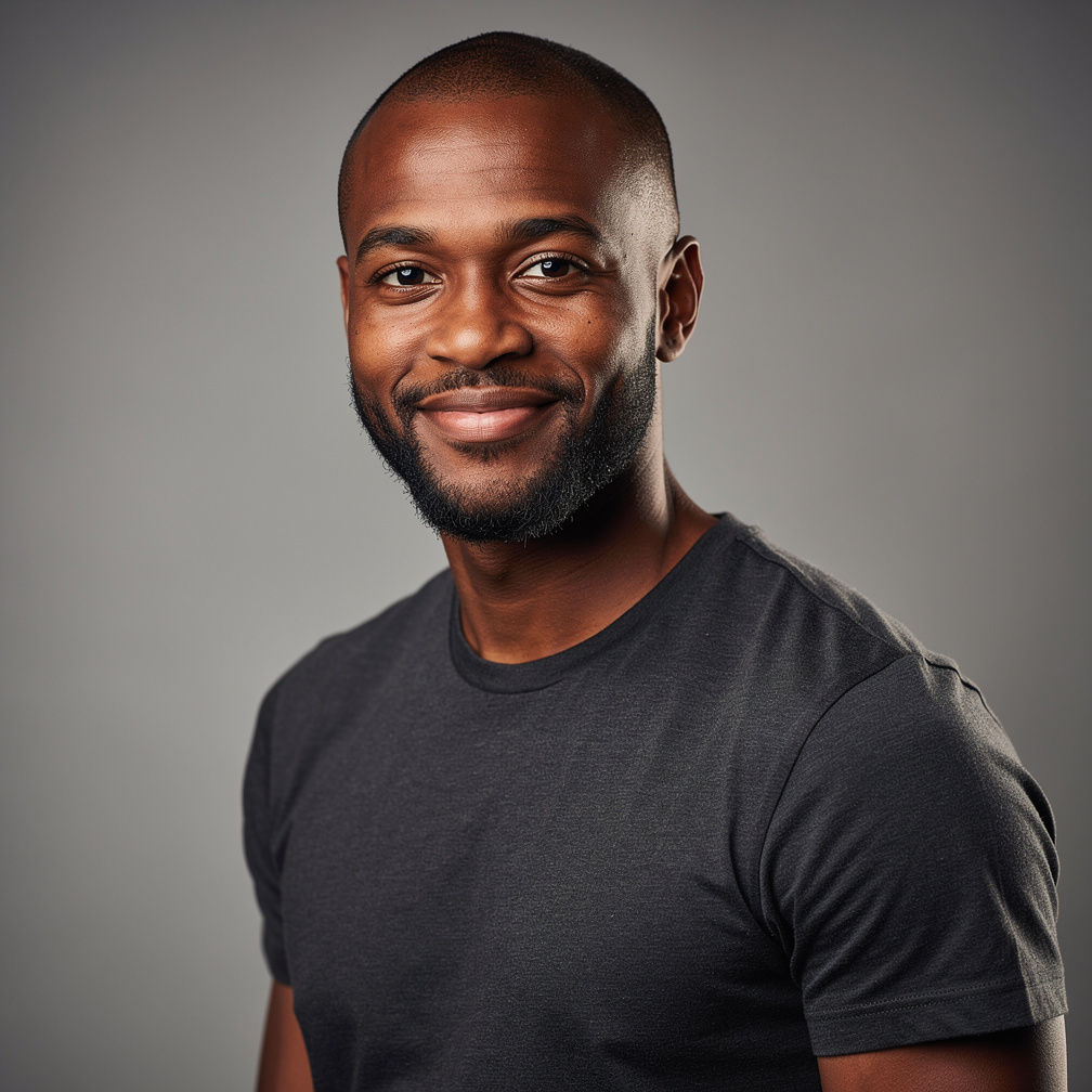 Studio portrait of a British Black man camera lead