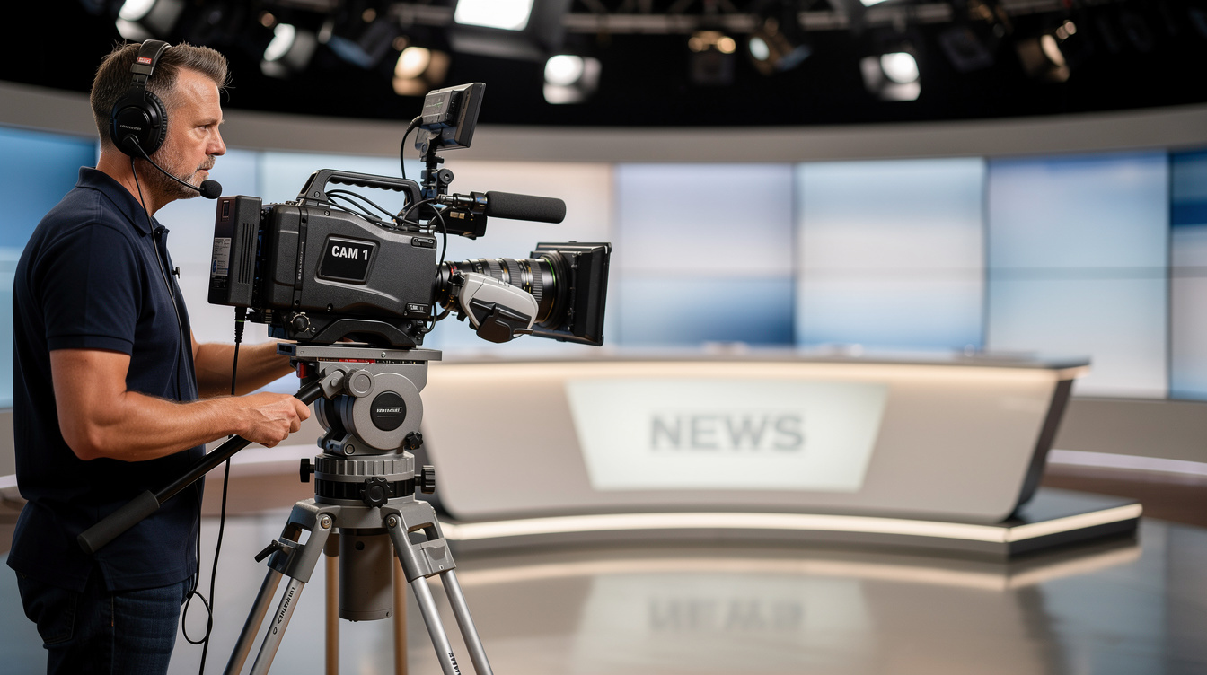 Camera operator adjusting a studio broadcast camera before a segment
